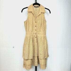 Ellen Tracy Eyelet Dress Womens 2P Tan Cotton Tiered Fit Flare Midi Shirt Dress